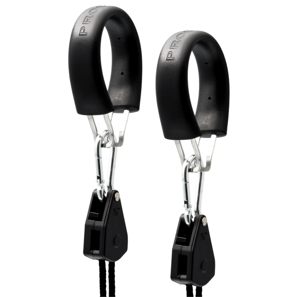 Procuf Garden Highpro com capacidade de suspensão de 84kg por par, adaptável a tubos de até 5cm de diâmetro, ideal para suspender equipamentos pesados em cultivos indoor.