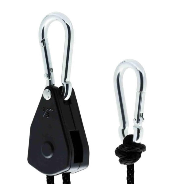 Pro Hanger Garden Highpro com capacidade de suspensão de 48kg por par, polias resistentes e cabo de 1,5 metro, ideal para suspender equipamentos pesados como refletores e filtros de carbono em cultivos indoor.