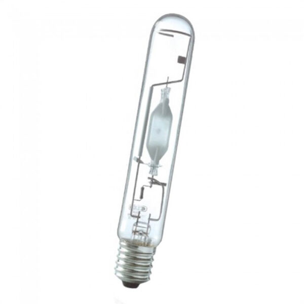 Lâmpada HQI Vapor Metálico Demape PST 250W com base E40, ideal para a fase vegetativa de plantas, com alta intensidade e espectro de luz azul.