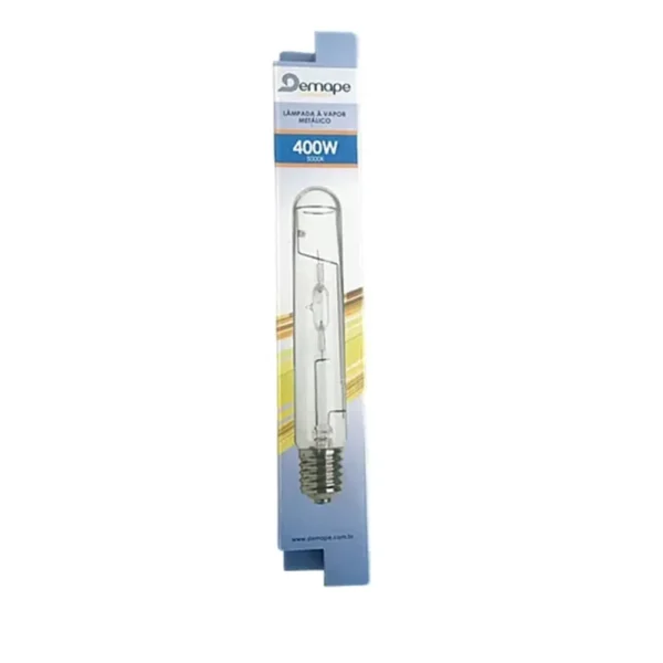 Lâmpada HQI Vapor Metálico Demape PST 400W com base E40, ideal para a fase vegetativa de plantas, com alta intensidade e espectro de luz azul.