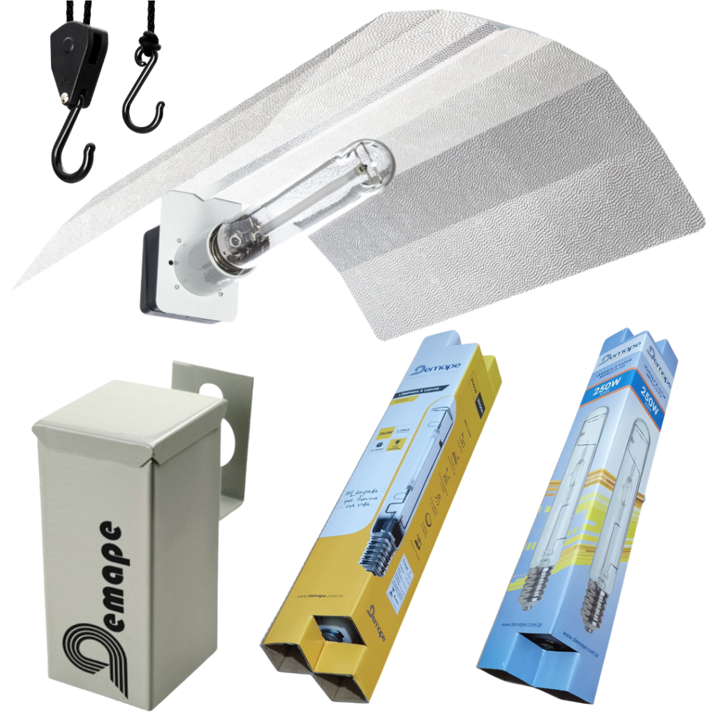 Kit de iluminação para cultivo completo (vegetativo e floração) composto por lâmpada HQI 250W Demape, lâmpada HPS 250W Demape, refletor Pearlpro e reator misto 250W Demape.