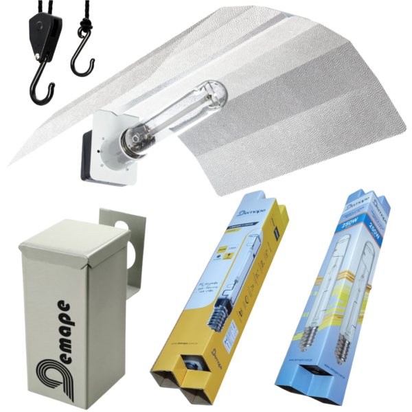 Kit de iluminação para cultivo completo (vegetativo e floração) composto por lâmpada HQI 250W Demape, lâmpada HPS 250W Demape, refletor Pearlpro e reator misto 250W Demape.