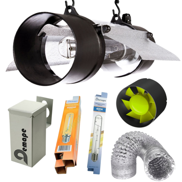 Kit completo de iluminação indoor 400W com lâmpadas HPS e HQI, refletor Protube 125M, exaustor inline 125mm e reator misto.