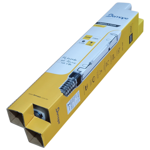 Lâmpada Vapor de Sódio de Alta Pressão (HPS) Demape de 250W, modelo SOT, com espectro otimizado para a fase de floração e base E40.