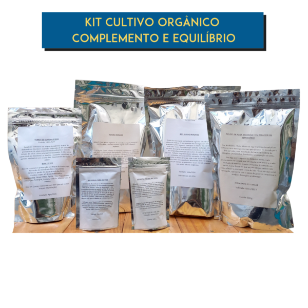 Kit GRAMA de Cultivo Orgânico para complemento e equilíbrio do solo, incluindo azomite, bokashi, guano de morcego, algas marinhas com fixador de nitrogênio e micorriza.