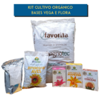 Kit GRAMA de Cultivo Orgânico Bases Vega e Flora, incluindo substrato, torta de mamona, esterco de frango, calcário de conchas, farinha de osso e húmus de minhoca.