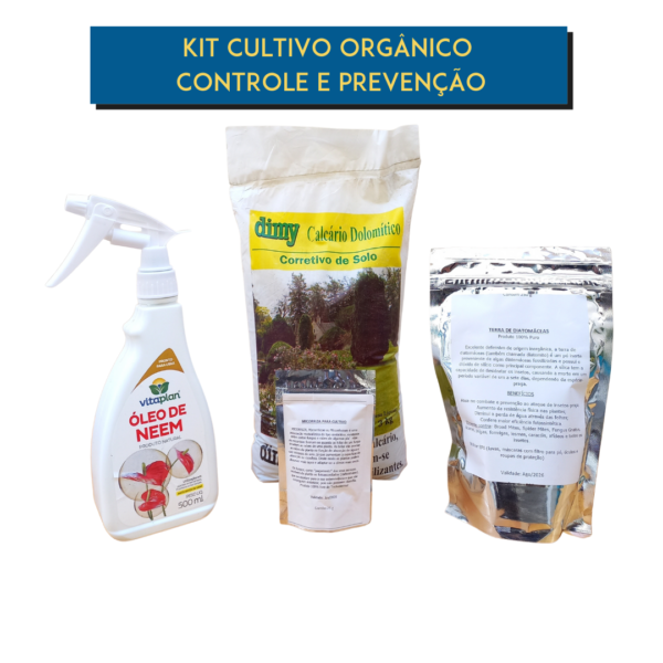 Kit GRAMA de Cultivo Orgânico para controle e prevenção de pragas e doenças, incluindo calcário dolomítico, micorriza, terra de diatomáceas e óleo de neem.