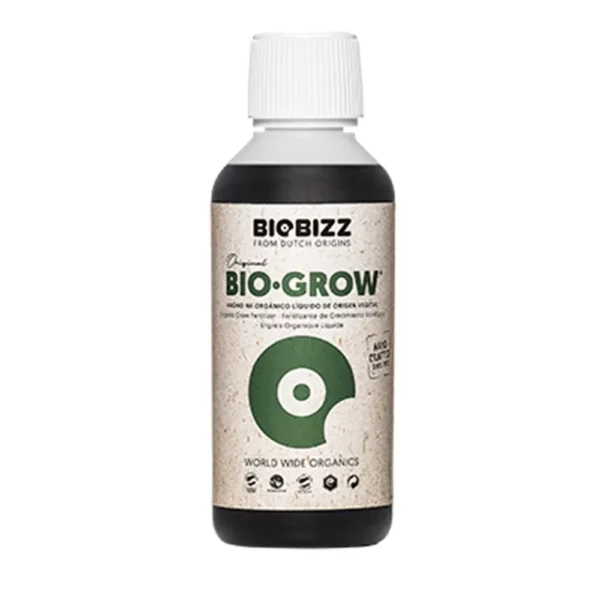 Bio Grow Biobizz 250ml, fertilizante orgânico que promove um crescimento exuberante e saudável para as plantas.