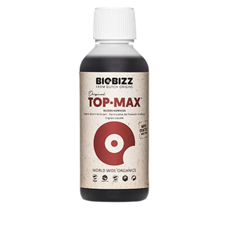 Top Max Biobizz 250ml, fertilizante orgânico que estimula a floração, aumenta o tamanho das flores e melhora o sabor das colheitas.