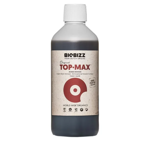 Top Max Biobizz 500ml, fertilizante orgânico que estimula a floração em grandes cultivos, aumenta o tamanho das flores e melhora o sabor das colheitas.