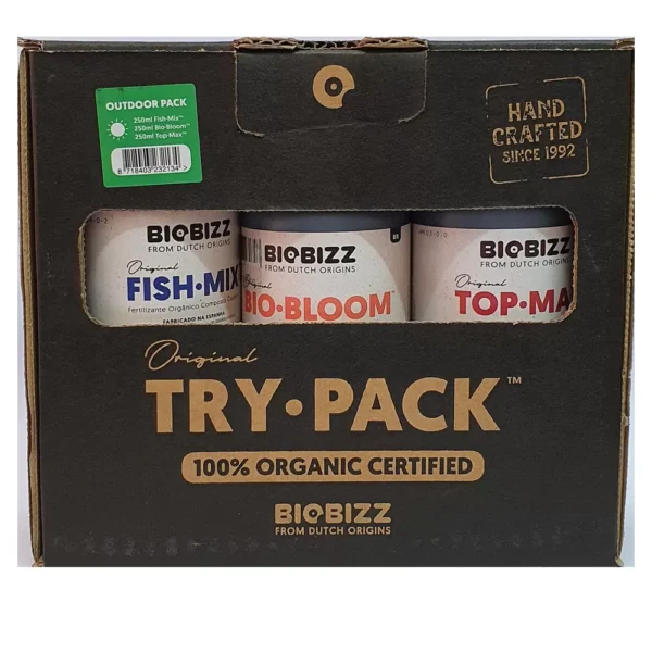 Try Pack Outdoor Biobizz, kit completo para cultivo outdoor com fertilizantes orgânicos Bio Bloom, Fish Mix e Top Max.