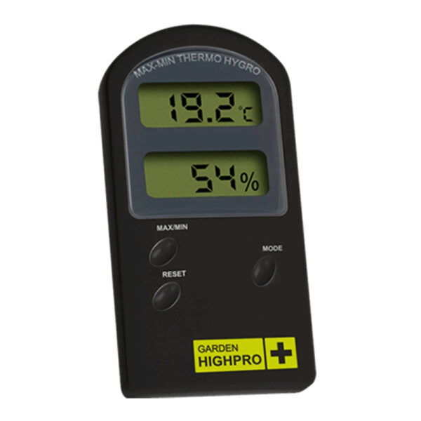 Termo higrômetro digital Garden Highpro Basic para monitoramento preciso de temperatura e umidade em cultivos indoor.
