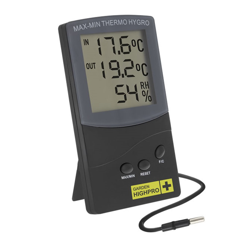 Termo higrômetro digital Garden Highpro Medium com sonda para medição em dois ambientes, registro de mínimas e máximas, e seleção °C/°F