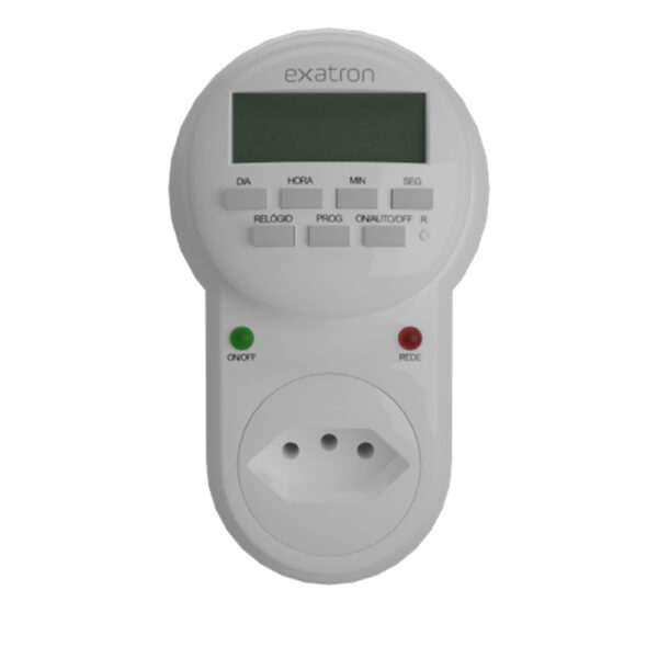 Timer digital bivolt Exatron com programação por segundos, múltiplas configurações ON/OFF e função de contagem regressiva.