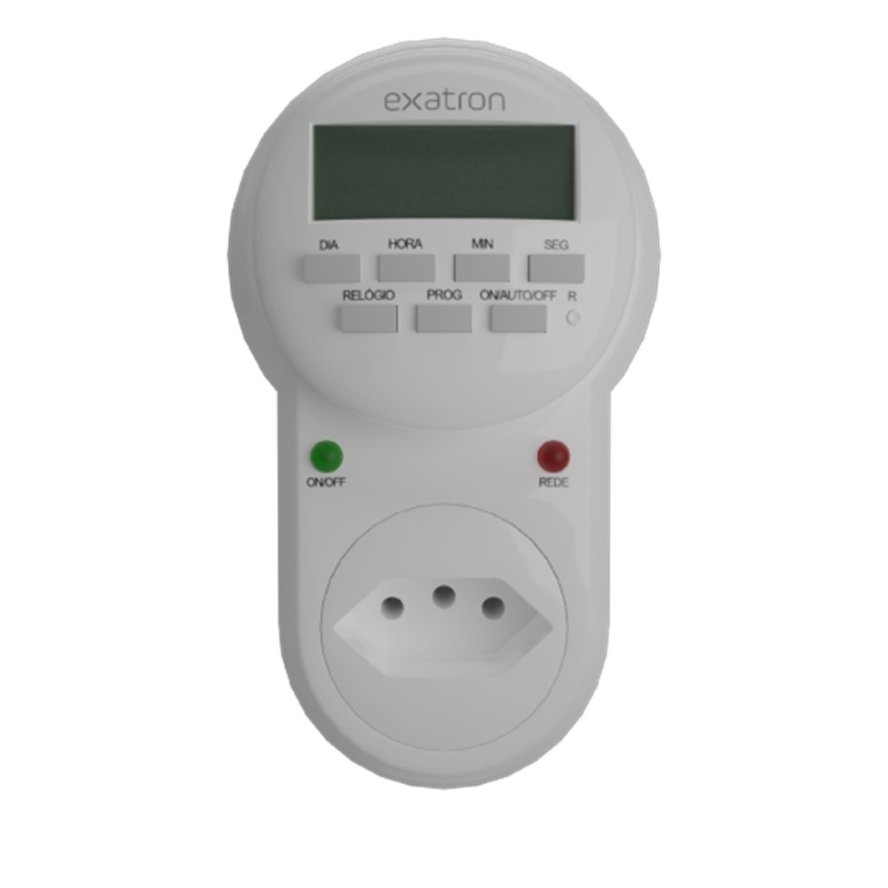 Timer digital bivolt Exatron com programação por segundos, múltiplas configurações ON/OFF e função de contagem regressiva.