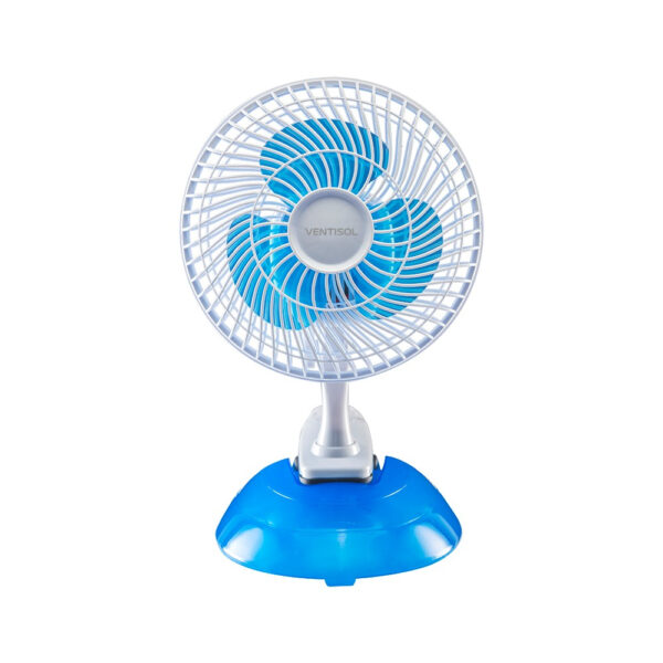 Ventilador pequeno branco da Ventisol Mini de 20cm, com opção de uso como ventilador de mesa ou de clipe, oferecendo duas velocidades de ventilação.