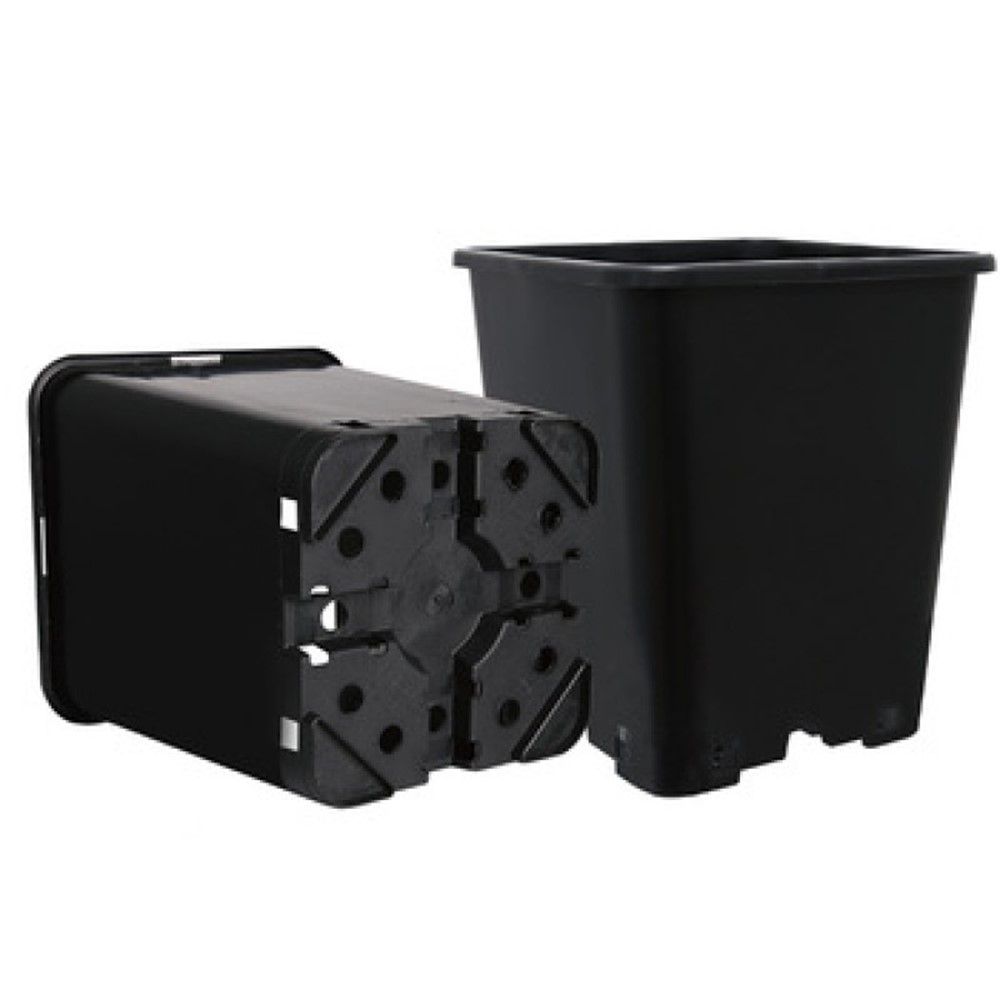 Vaso quadrado de PVC rígido Anti Stress com capacidade de 7 litros, apresentando um design de base elevada para promover a oxigenação ideal das raízes.