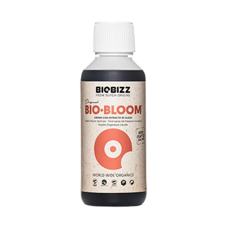 Bio Bloom Biobizz 250ml, fertilizante orgânico que promove flores exuberantes e frutos saborosos.