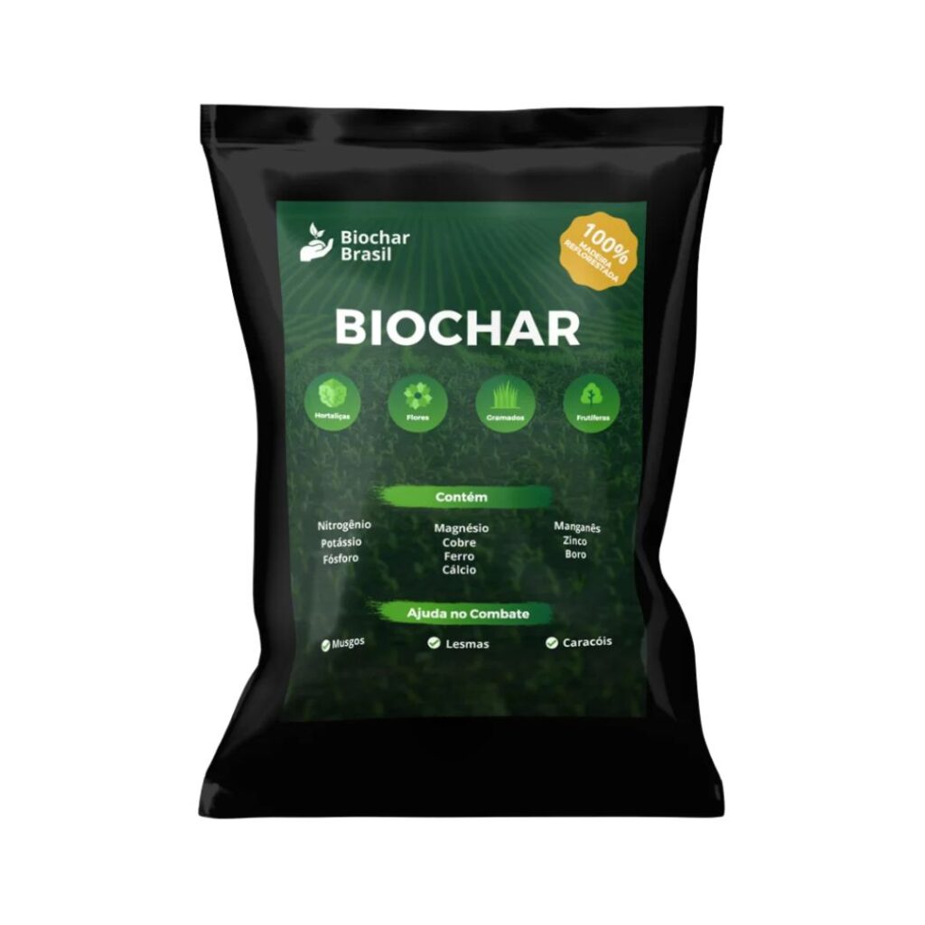 Adubo Orgânico Biochar 500g para fortalecimento do solo e crescimento saudável das plantas.