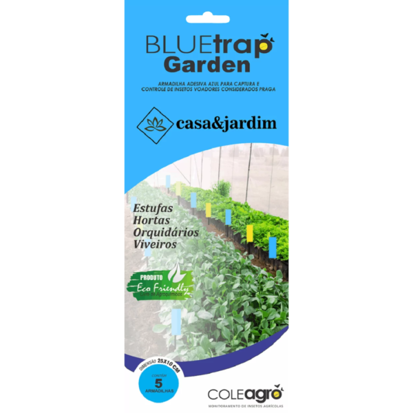 Armadilha Adesiva Azul Mini Garden, eficaz no controle de insetos voadores em plantações e jardins.