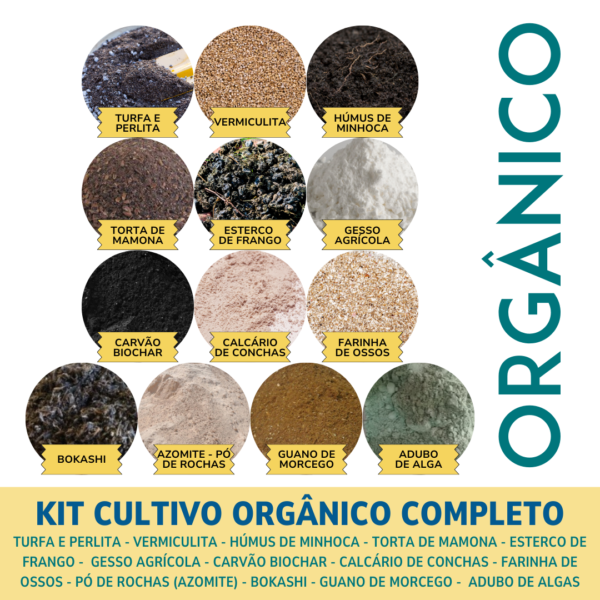 Kit GRAMA de Cultivo Orgânico Completo, incluindo substrato, vermiculita, torta de mamona, esterco de frango, calcário de conchas, farinha de osso, azomite, bokashi, guano de morcego, algas marinhas, húmus de minhoca, biochar e gesso agrícola.