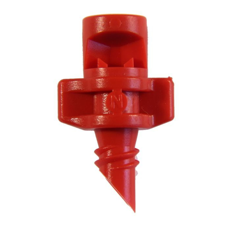 Microaspersor Irritec 90º 1,9mm instalado em sistema de aeroponia, emitindo névoa direcionada.