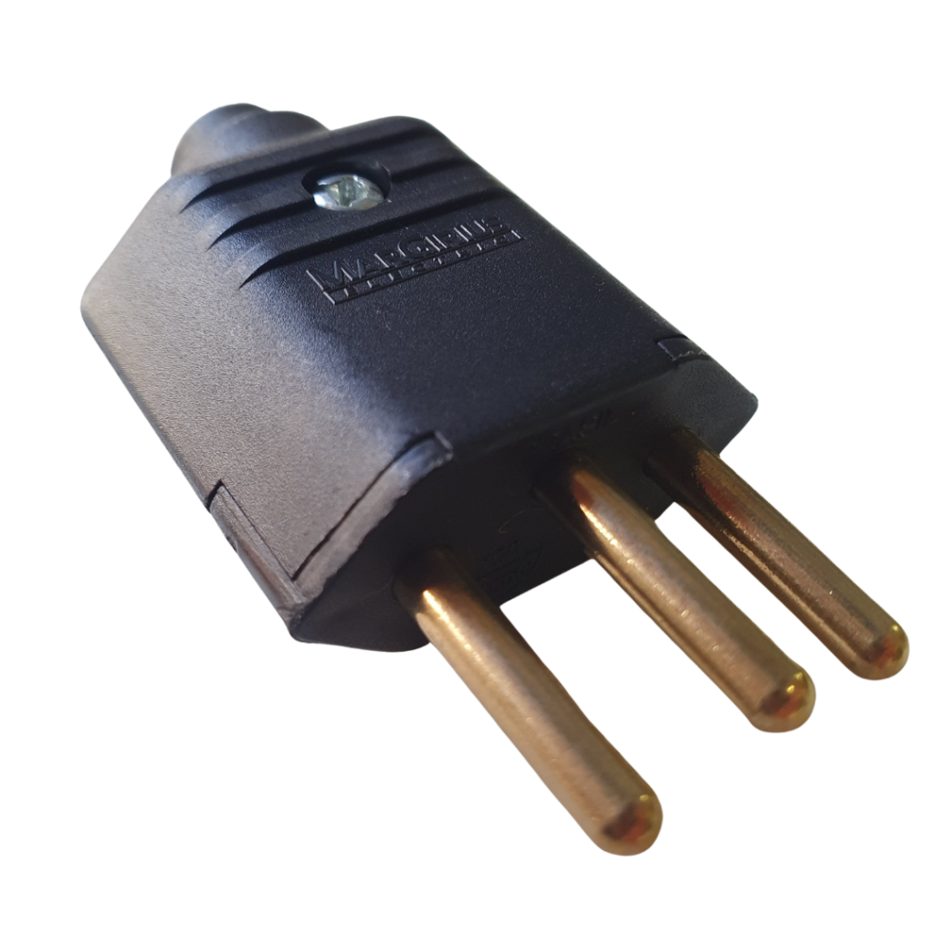 Plugue 2P+T 180º de 10A Macho, ideal para conexões elétricas seguras.