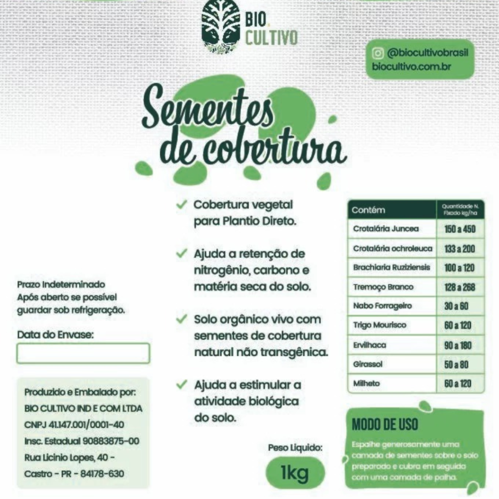 Sementes de cobertura para retenção de nitrogênio e regeneração do solo.