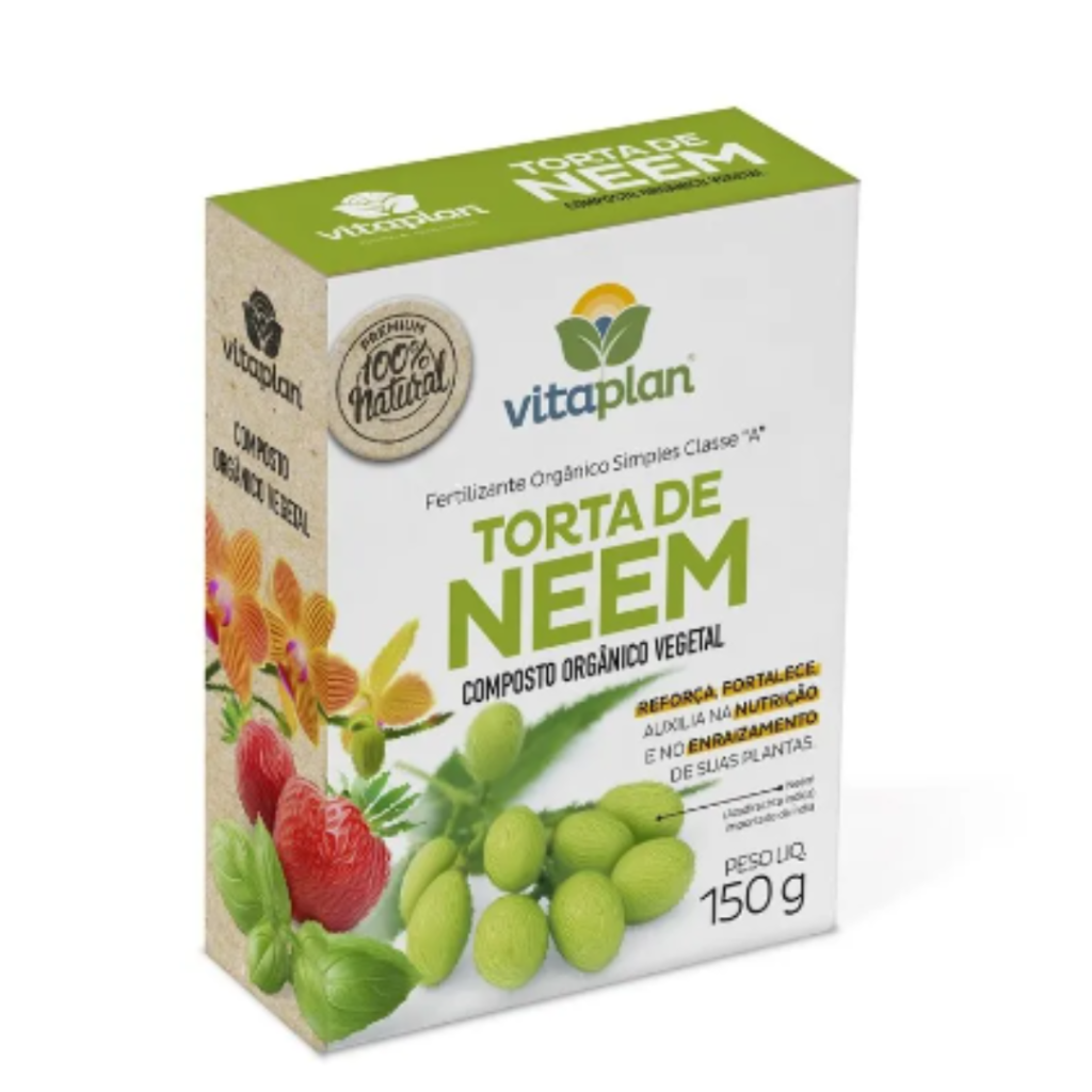 Torta de Neem Vitaplan 150g, fertilizante orgânico de alta eficiência para nutrição e fortalecimento do solo.