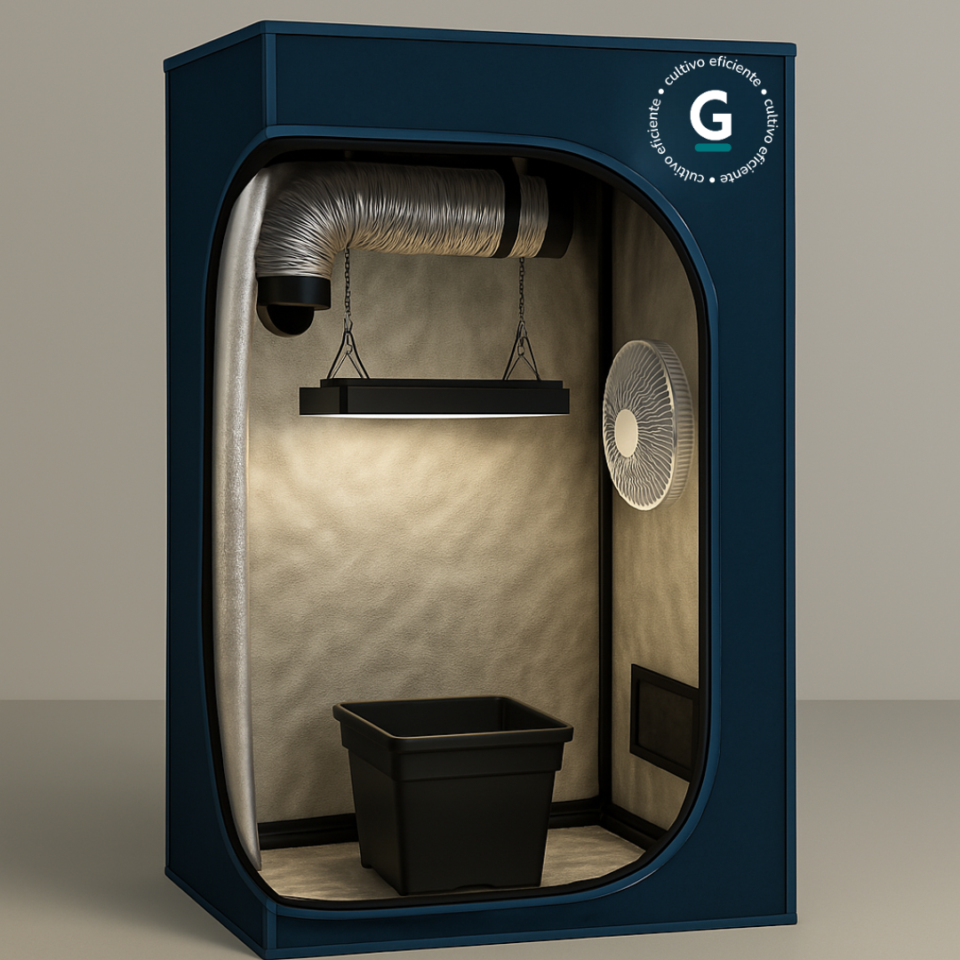 Monte seu Kit Cultivo Completo 1 planta para produção indoor com estufa, LED, ventilação e vasos GRAMA.