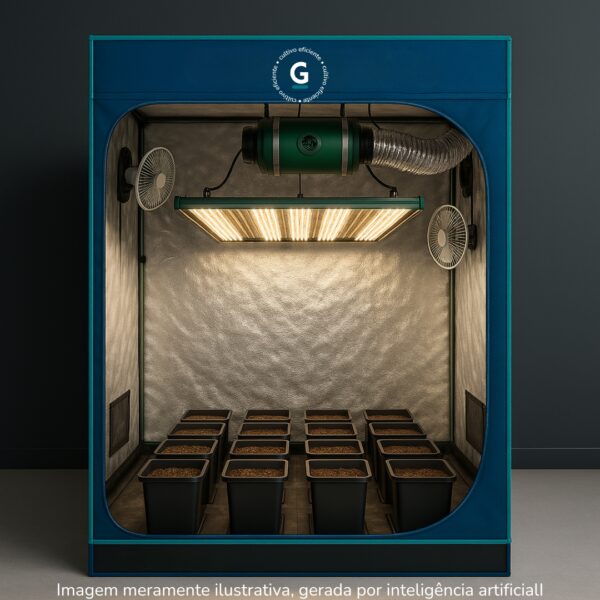 Monte seu Kit Cultivo Completo 16 Plantas para produção indoor com estufa, LED, ventilação e vasos GRAMA.