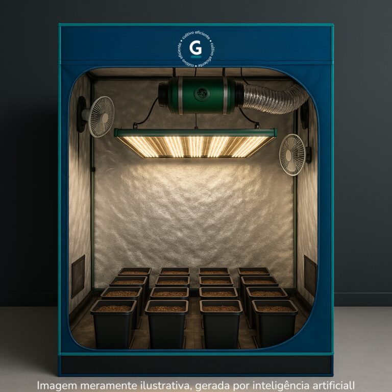 Monte seu Kit Cultivo Completo 16 Plantas para produção indoor com estufa, LED, ventilação e vasos GRAMA.