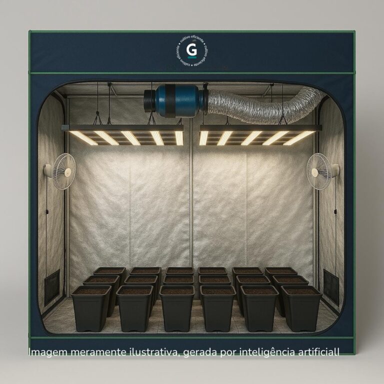 Monte seu Kit Cultivo Completo 18 Plantas para produção indoor com estufa, LED 480W, ventilação e vasos GRAMA.