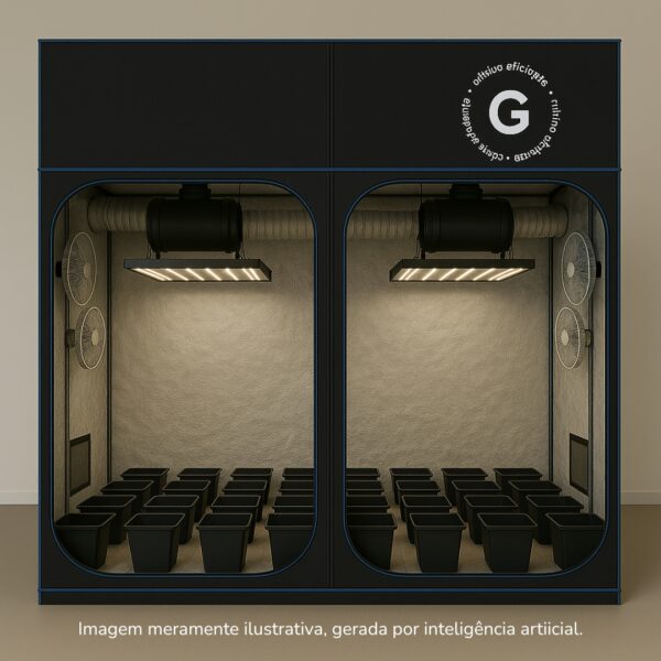 Monte seu Kit Cultivo Completo 32 Plantas para produção indoor com estufa, LED, ventilação e vasos.