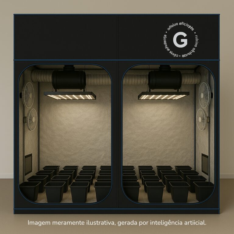 Monte seu Kit Cultivo Completo 32 Plantas para produção indoor com estufa, LED, ventilação e vasos.