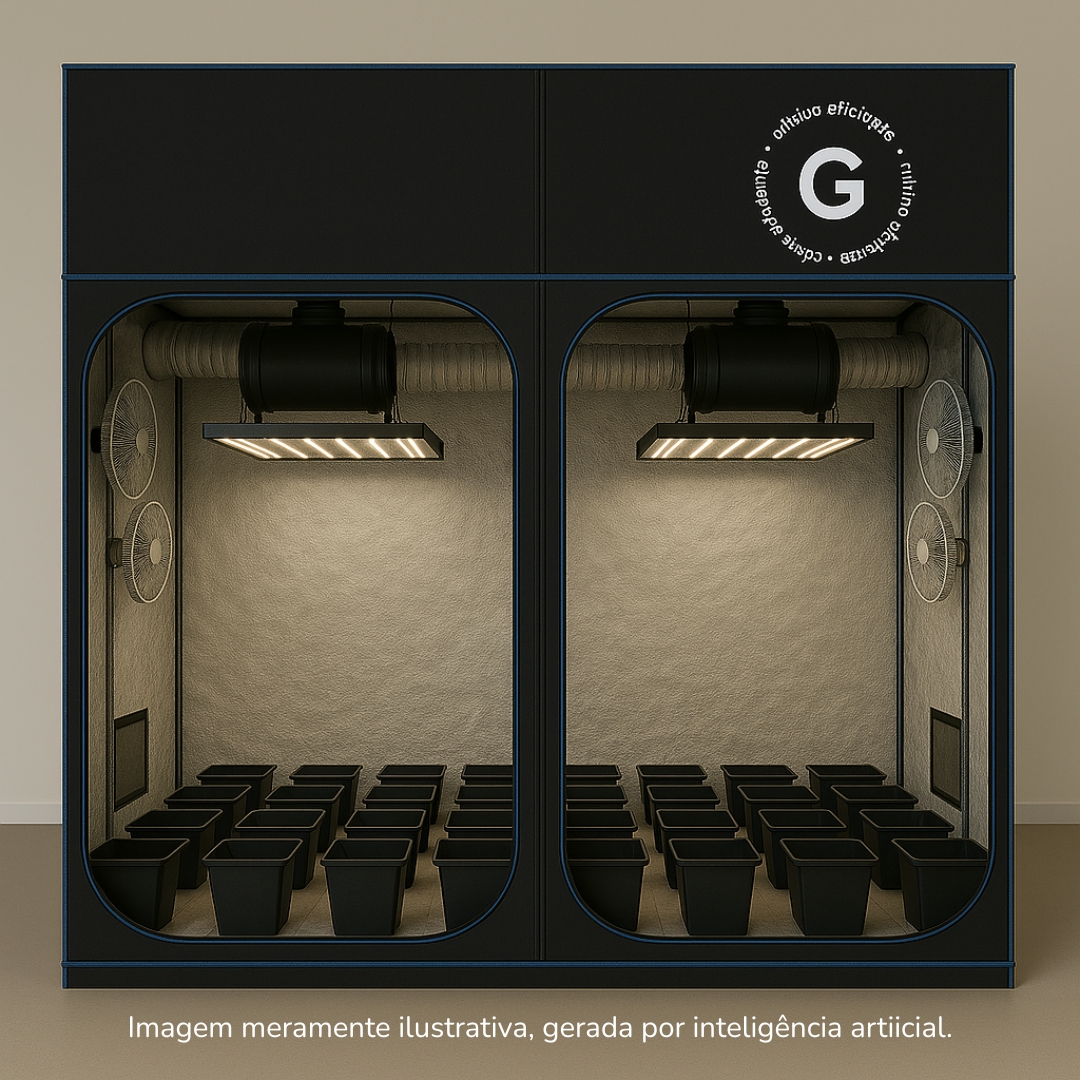 Monte seu Kit Cultivo Completo 32 Plantas para produção indoor com estufa, LED, ventilação e vasos.