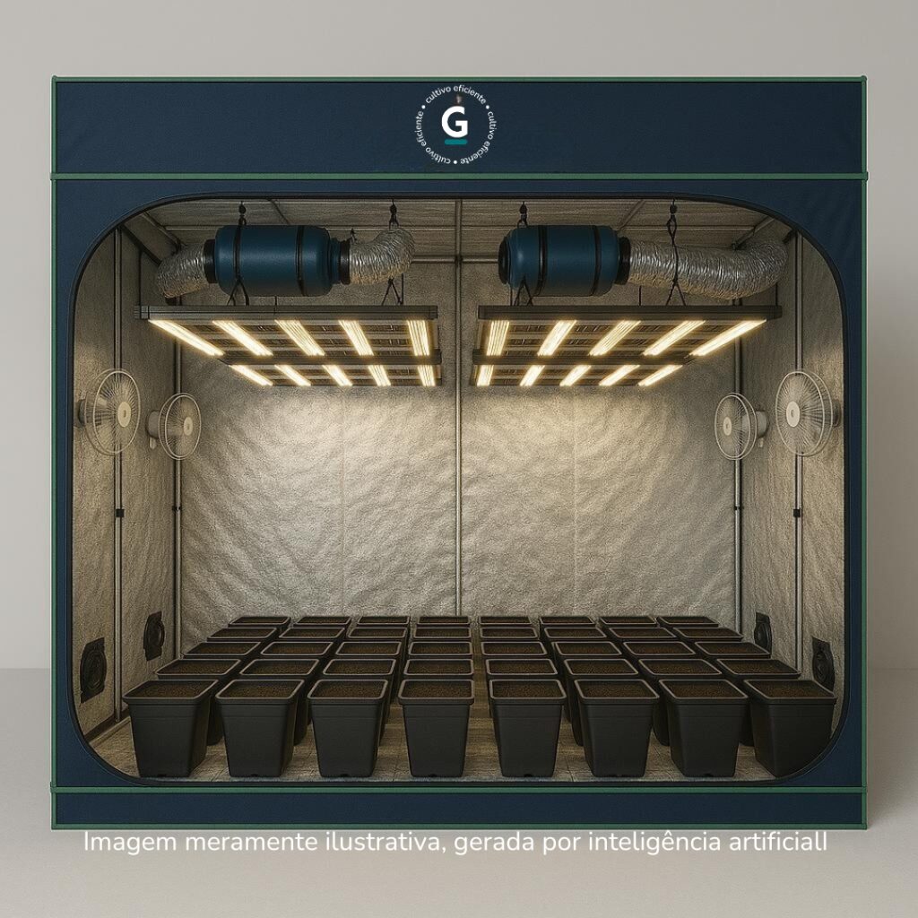 Kit completo para cultivo indoor de 36 plantas com estufa, LED, ventilação e vasos.