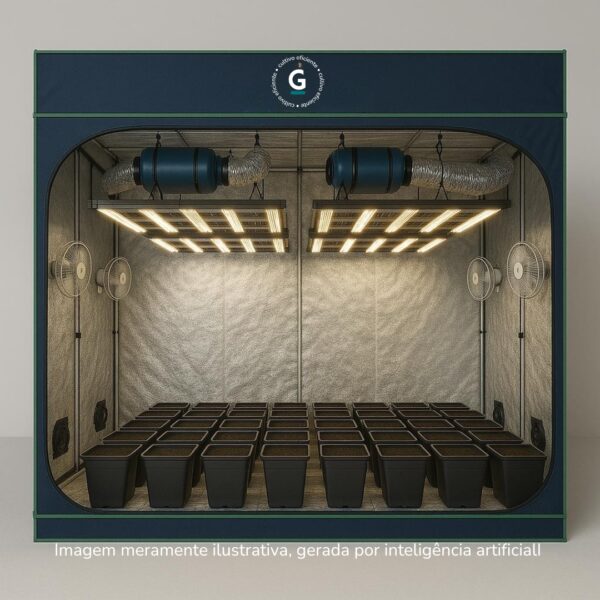 Kit completo para cultivo indoor de 36 plantas com estufa, LED, ventilação e vasos.