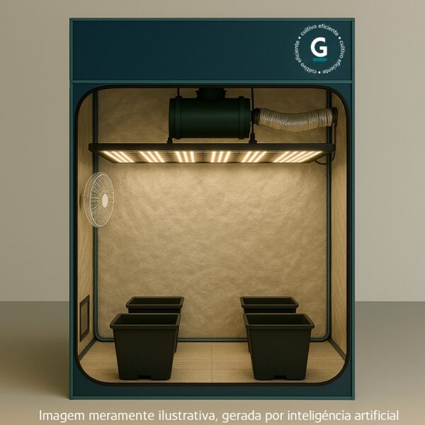 Monte seu Kit Cultivo Completo 4 Plantas para produção indoor com estufa, LED, ventilação e vasos GRAMA.