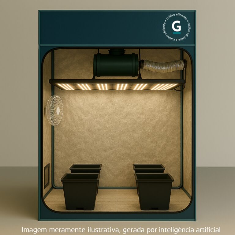 Monte seu Kit Cultivo Completo 4 Plantas para produção indoor com estufa, LED, ventilação e vasos GRAMA.
