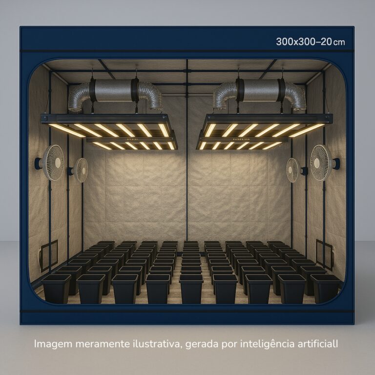 Kit completo para cultivo indoor de 64 plantas com estufa, LED, ventilação e vasos.