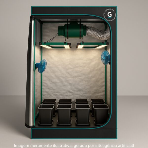 Monte seu Kit Cultivo Completo 8 Plantas para produção indoor com estufa, LED, ventilação e vasos GRAMA.