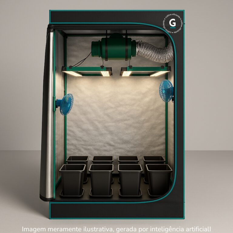 Monte seu Kit Cultivo Completo 8 Plantas para produção indoor com estufa, LED, ventilação e vasos GRAMA.
