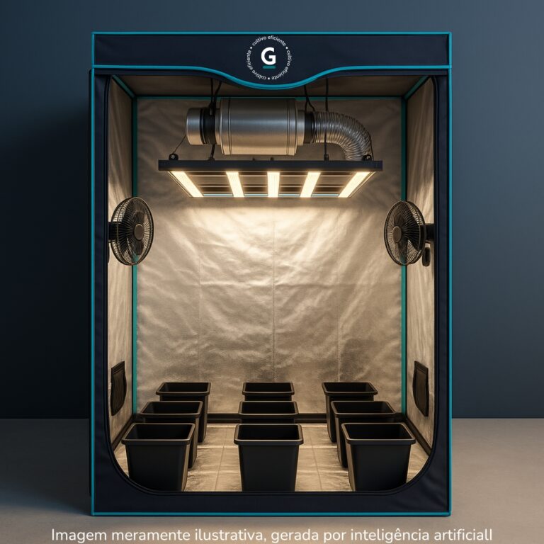 Monte seu Kit Cultivo Completo 9 Plantas para produção indoor com estufa, LED, ventilação e vasos GRAMA.