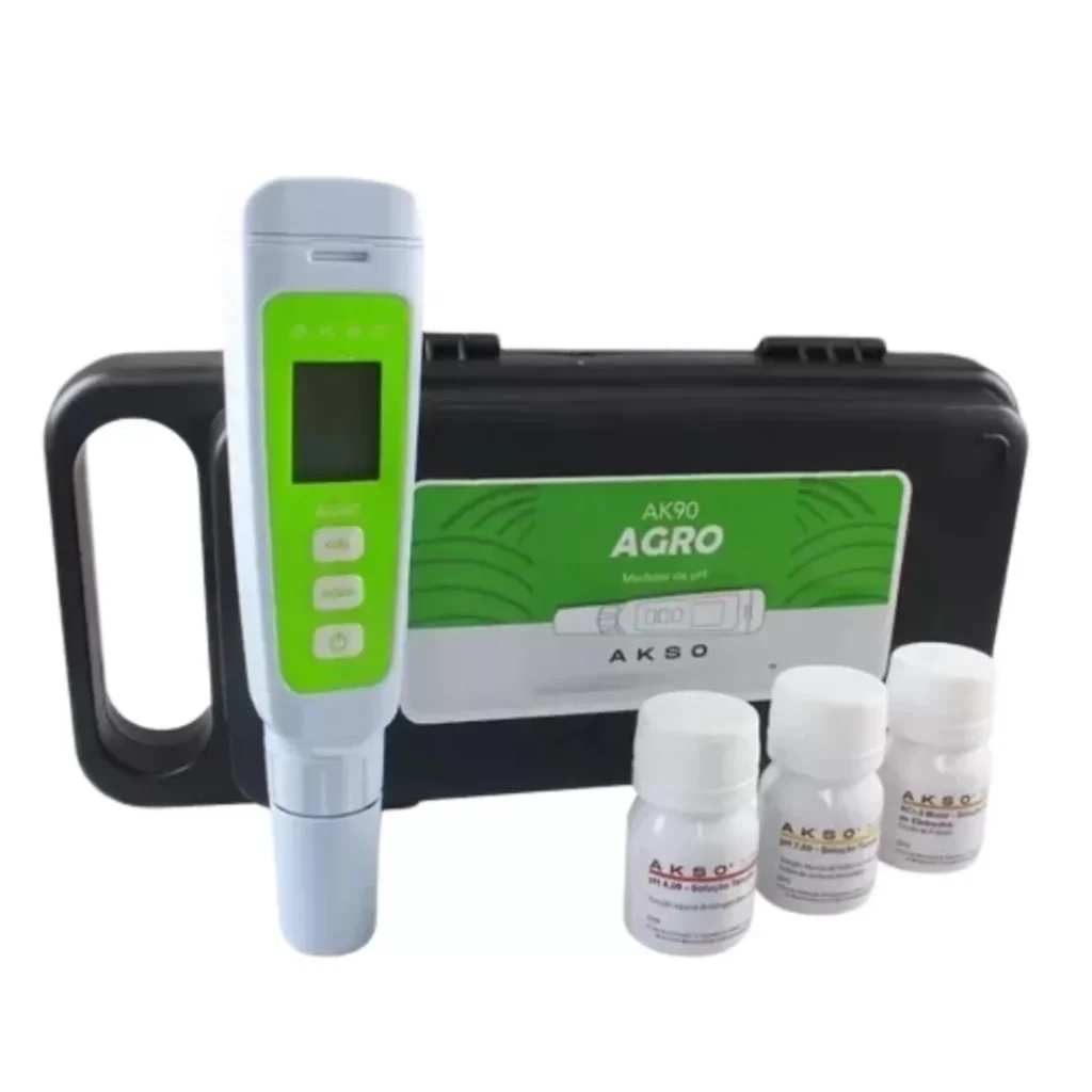 Medidor de pH AK90 AKSO, medidor de pH preciso e portátil com calibração automática e soluções inclusas.