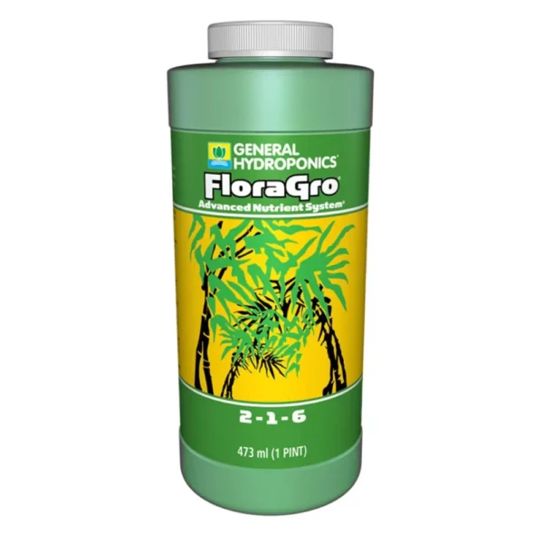 FloraGro General Hydroponics 473ml, fertilizante líquido para crescimento estrutural e foliar, NPK 2-1-6, ideal para hidroponia.