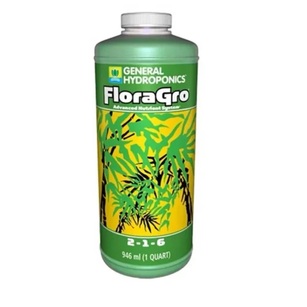 FloraGro General Hydroponics 946ml, fertilizante para hidroponia que promove crescimento estrutural e foliar, parte da Flora Series para resultados consistentes.