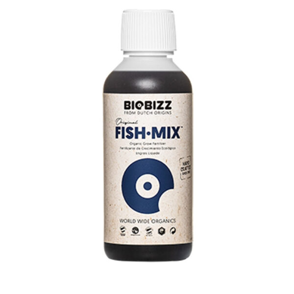 Fish Mix Biobizz 250ml, fertilizante orgânico que acelera o crescimento das plantas e enriquece o solo com microrganismos benéficos.