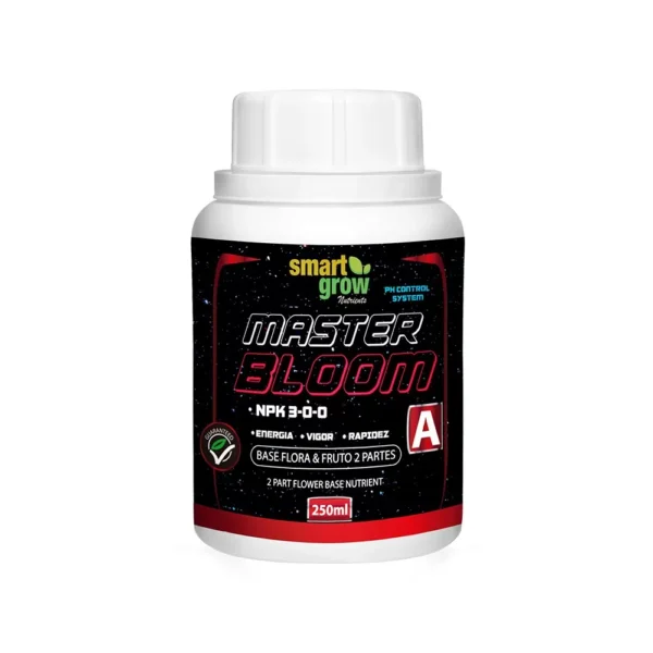 Master Bloom A Smart Grow 250ml, base nutritiva para crescimento e floração com macro e micronutrientes quelatados e pH Control System.