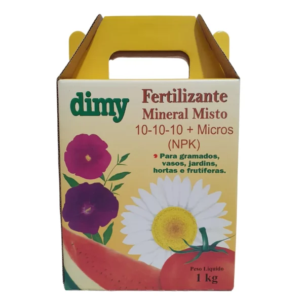 Adubo Dimy NPK 10-10-10 1kg + Micros, fertilizante granulado para crescimento vegetativo.